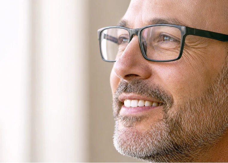 Homme portant des lunettes souriant en regardant vers la lumière naturelle à gauche.