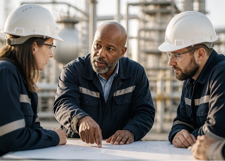 Trois ingénieurs portant des casques discutent et examinent des plans sur un chantier industriel.