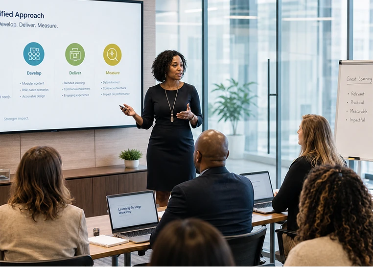 Femme présente une approche de développement de formation à un groupe en réunion avec tableau et écran.