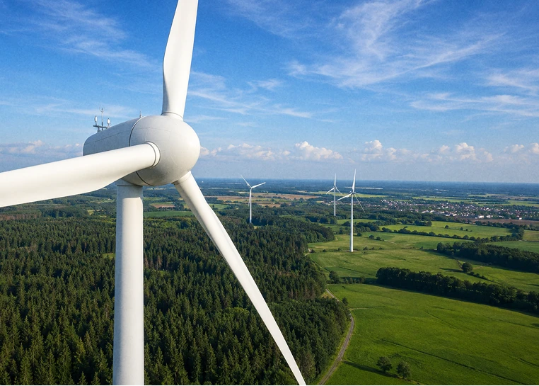 Grandes éoliennes au-dessus d'une forêt et de champs verts sous un ciel bleu clair.