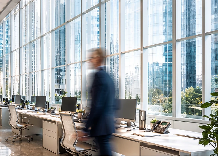Personne floue marchant dans un bureau moderne avec des postes de travail alignés et de grandes fenêtres.