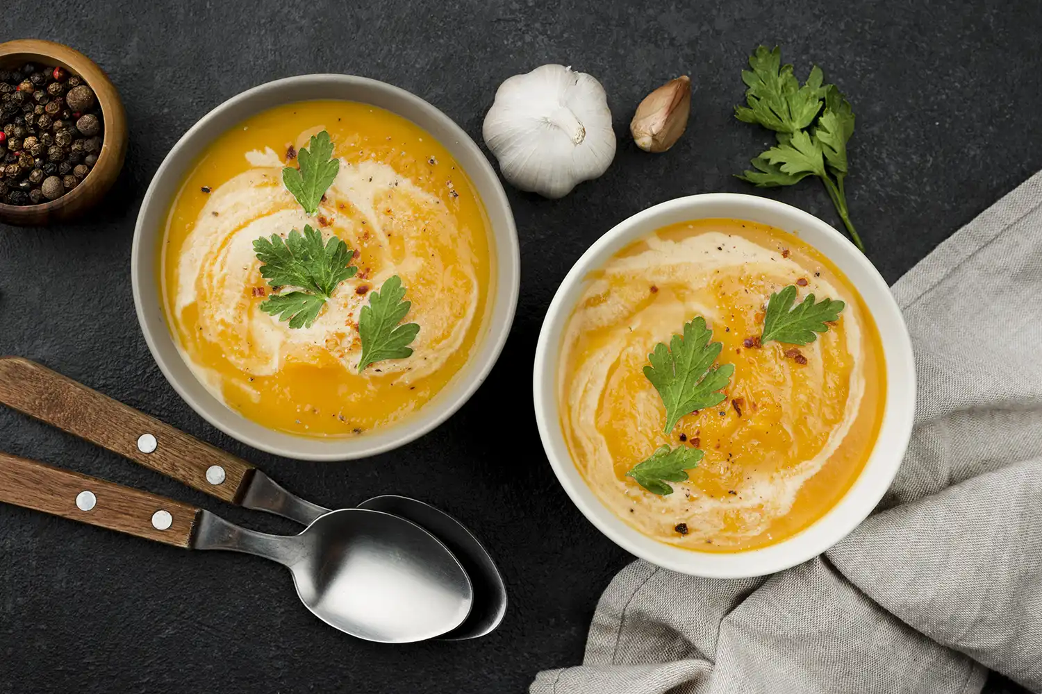 Soupe protéinée épicée garnie persil, bol et cuillère pour alimentation sportive équilibrée