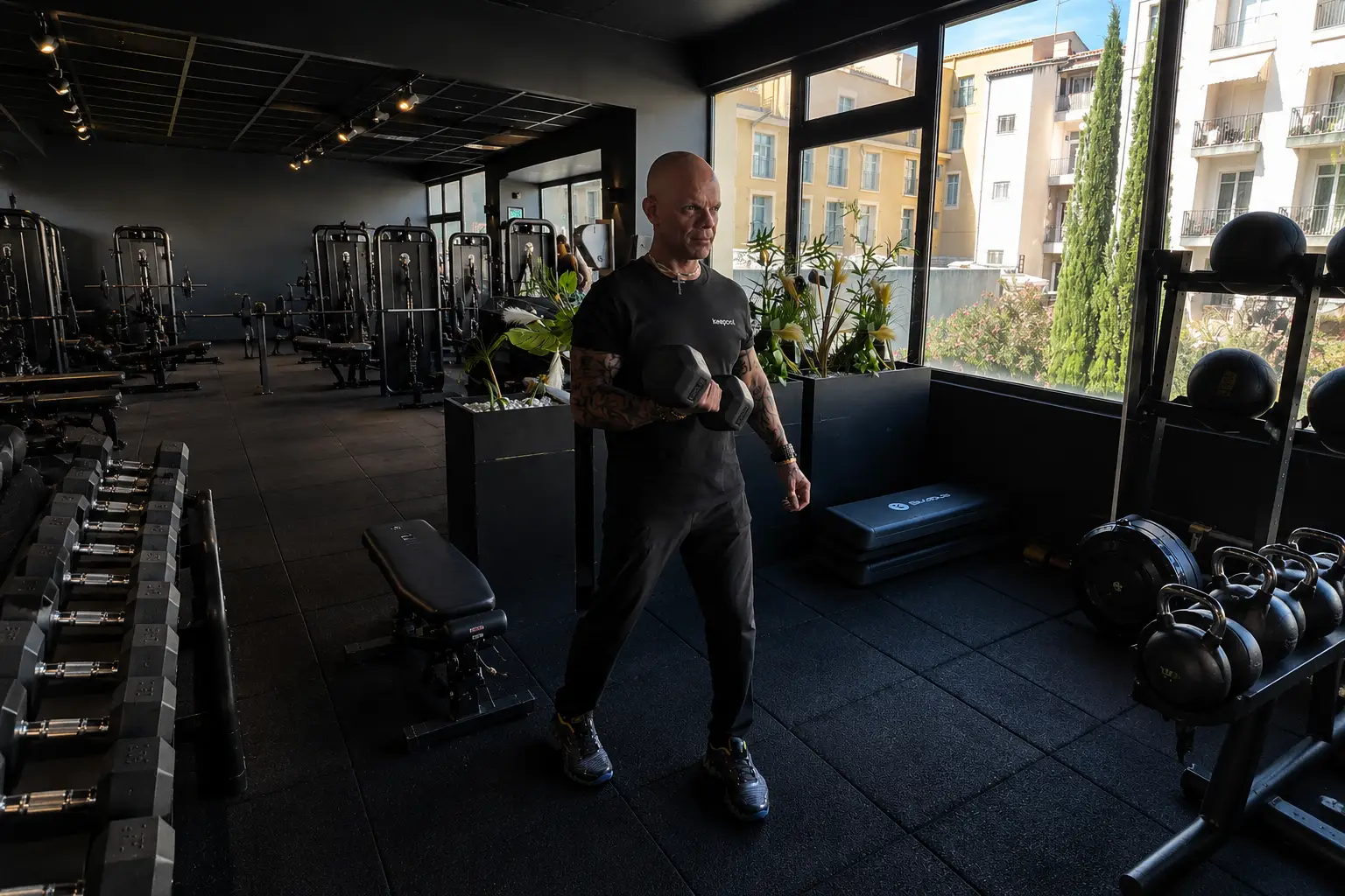 Homme en salle de sport Keepcool effectuant exercice musculation avec haltères.