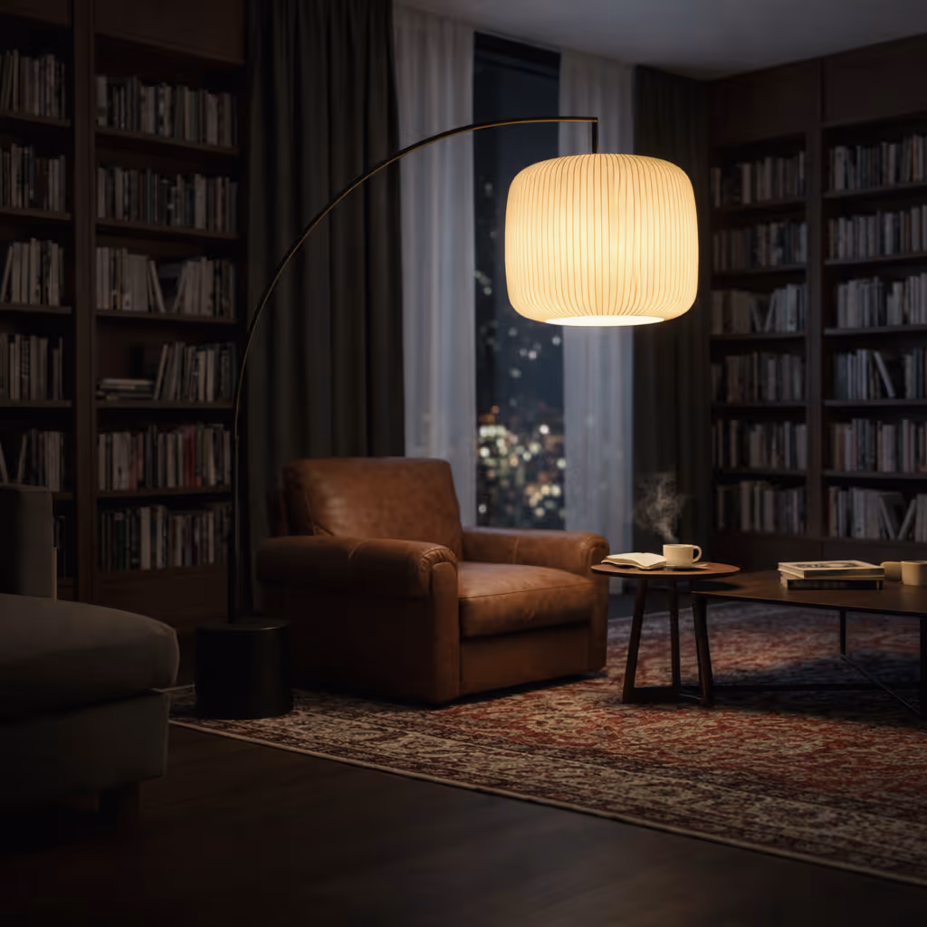 Cozy reading nook with a brown leather armchair, a lit floor lamp, steaming cup on a small round table, and bookshelves in the background.