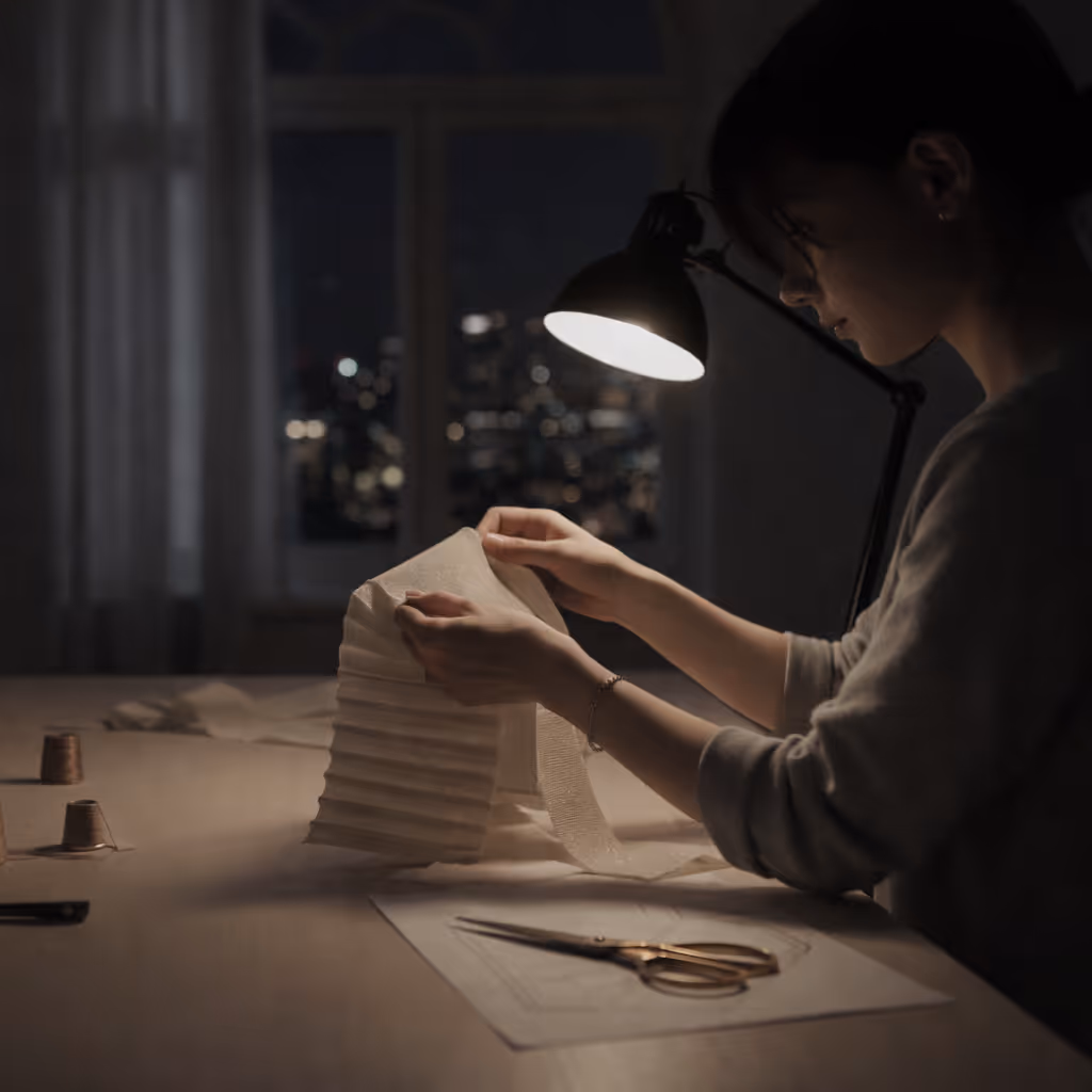 Person examining pleated fabric under a desk lamp at night with city lights visible through the window.