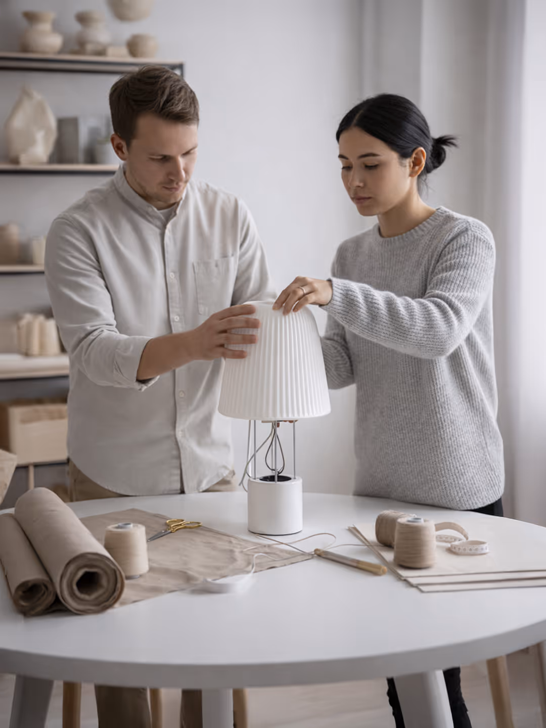 Man and woman adjusting a white table lamp on a round white table with sewing materials.