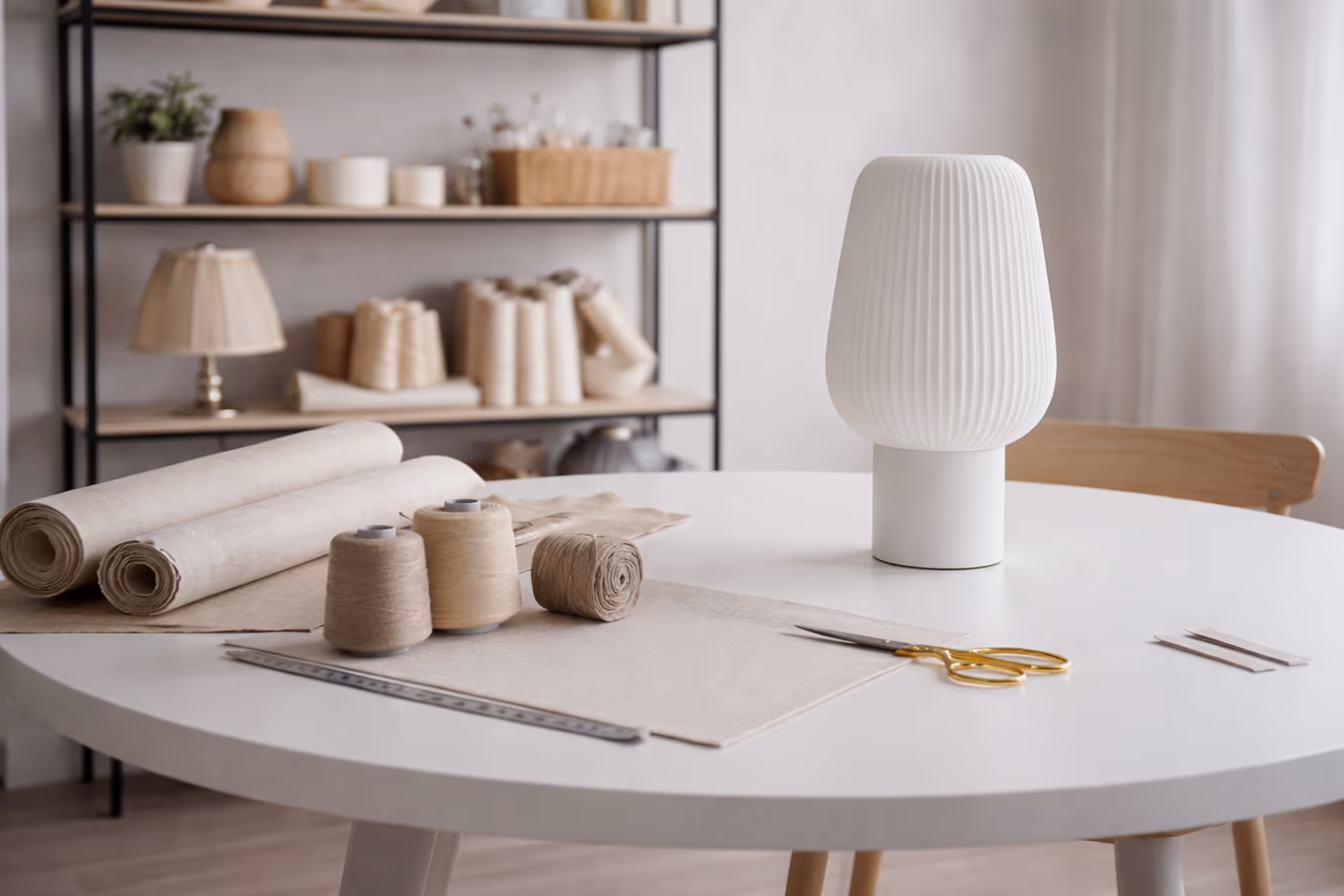 Crafting workspace with beige fabric rolls, spools of thread, scissors, ruler, and a white pleated table lamp on a round white table.