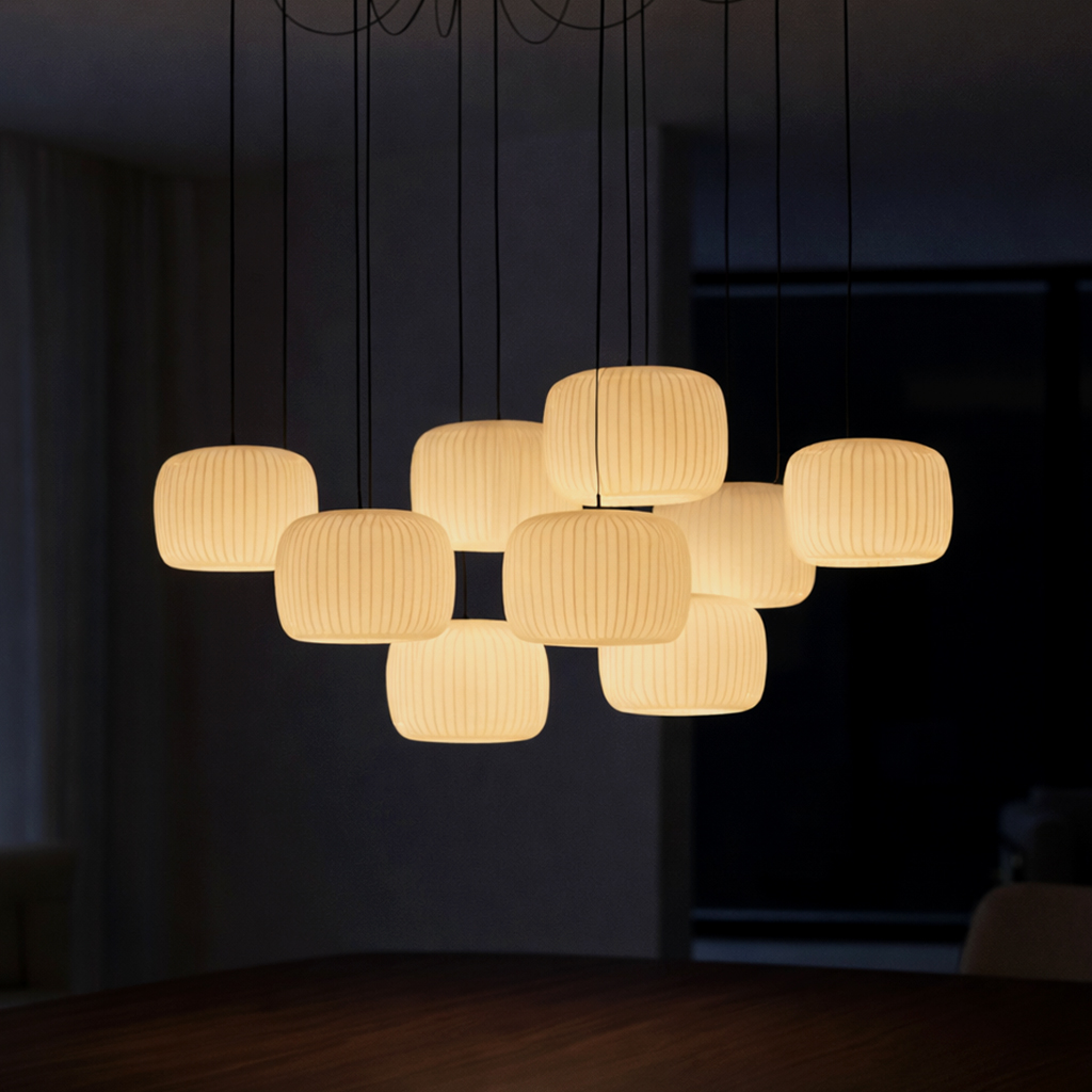 A close-up of a modern chandelier featuring a cluster of eleven glowing, ribbed lantern-style pendant lights hanging at varying heights.
