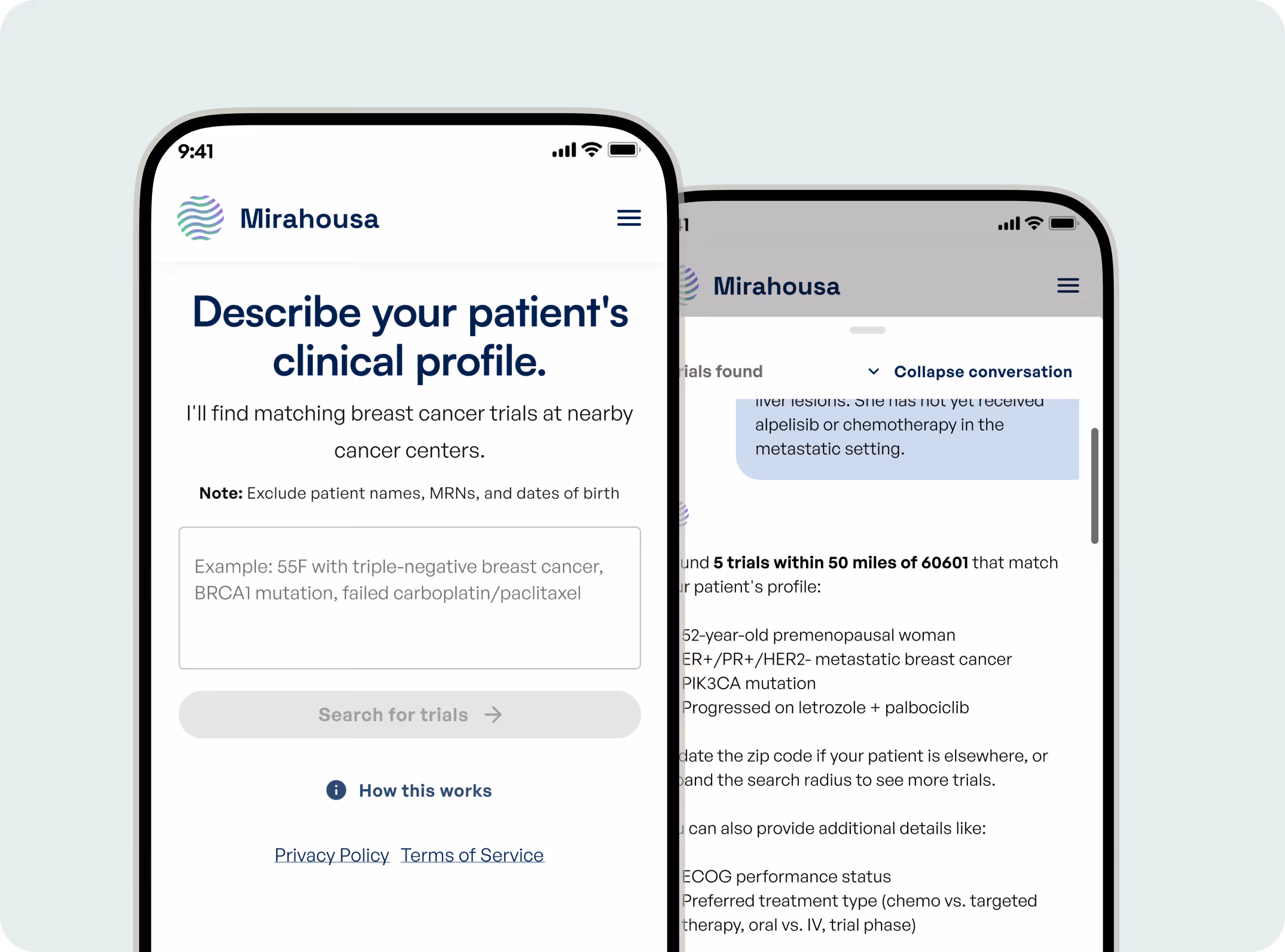 Mirahousa app screens prompting clinical profile input to find nearby breast cancer trials.