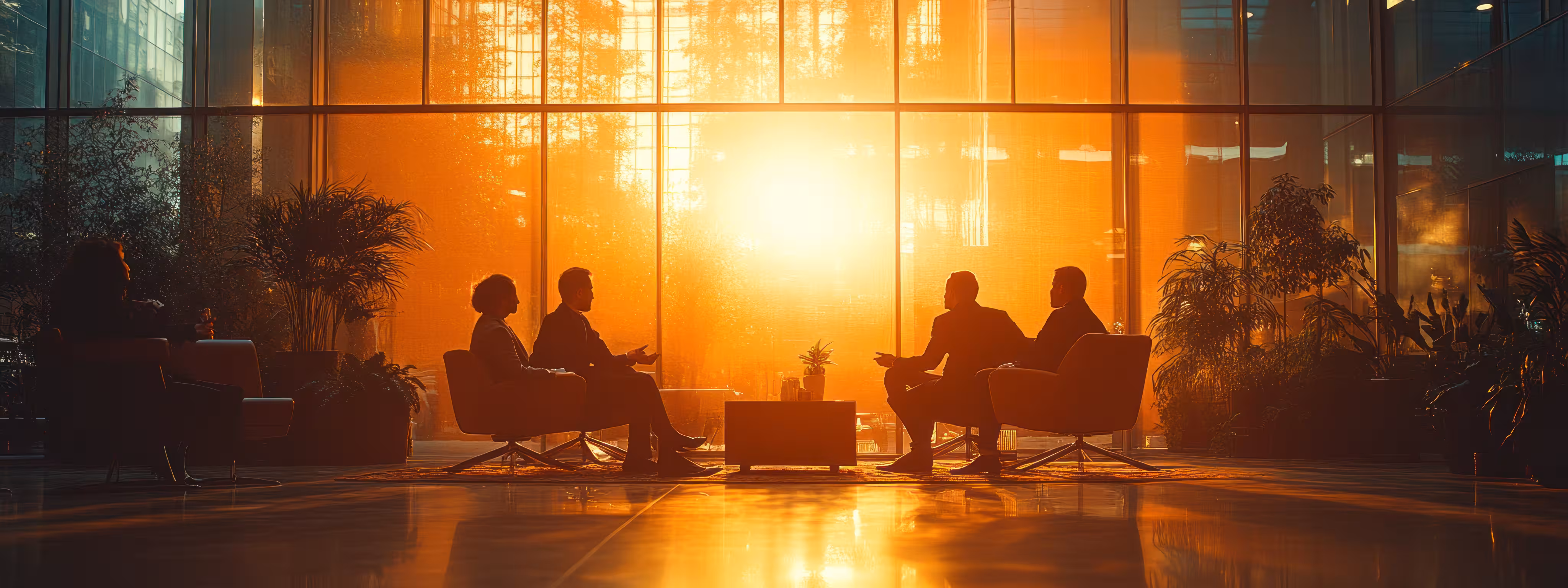 Silhouettes of five people sitting in chairs having a meeting in a glass room lit by warm sunset.