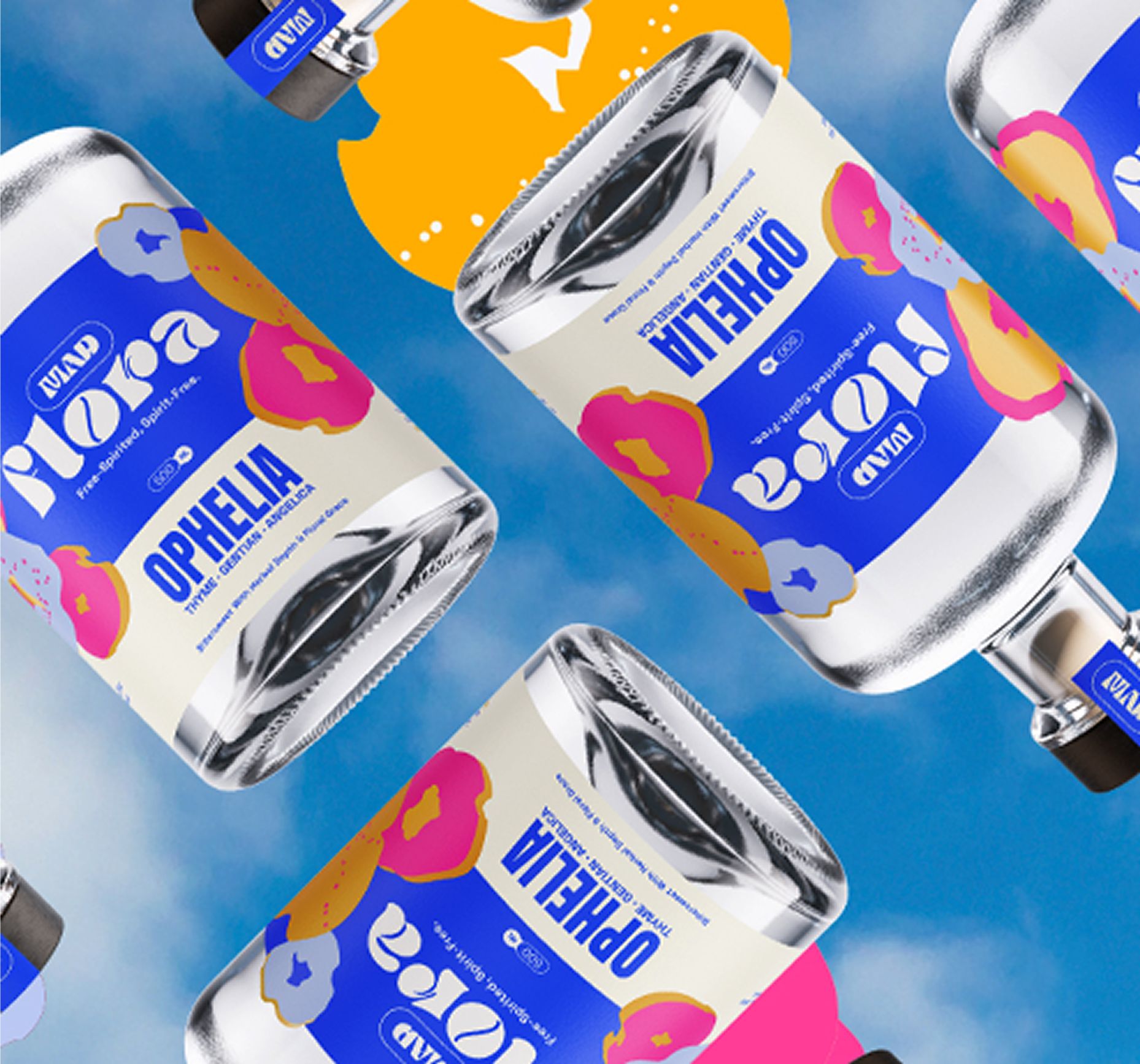 Multiple glass bottles labeled 'Ophelia' and 'Flora' with colorful floral designs on a blue sky background.