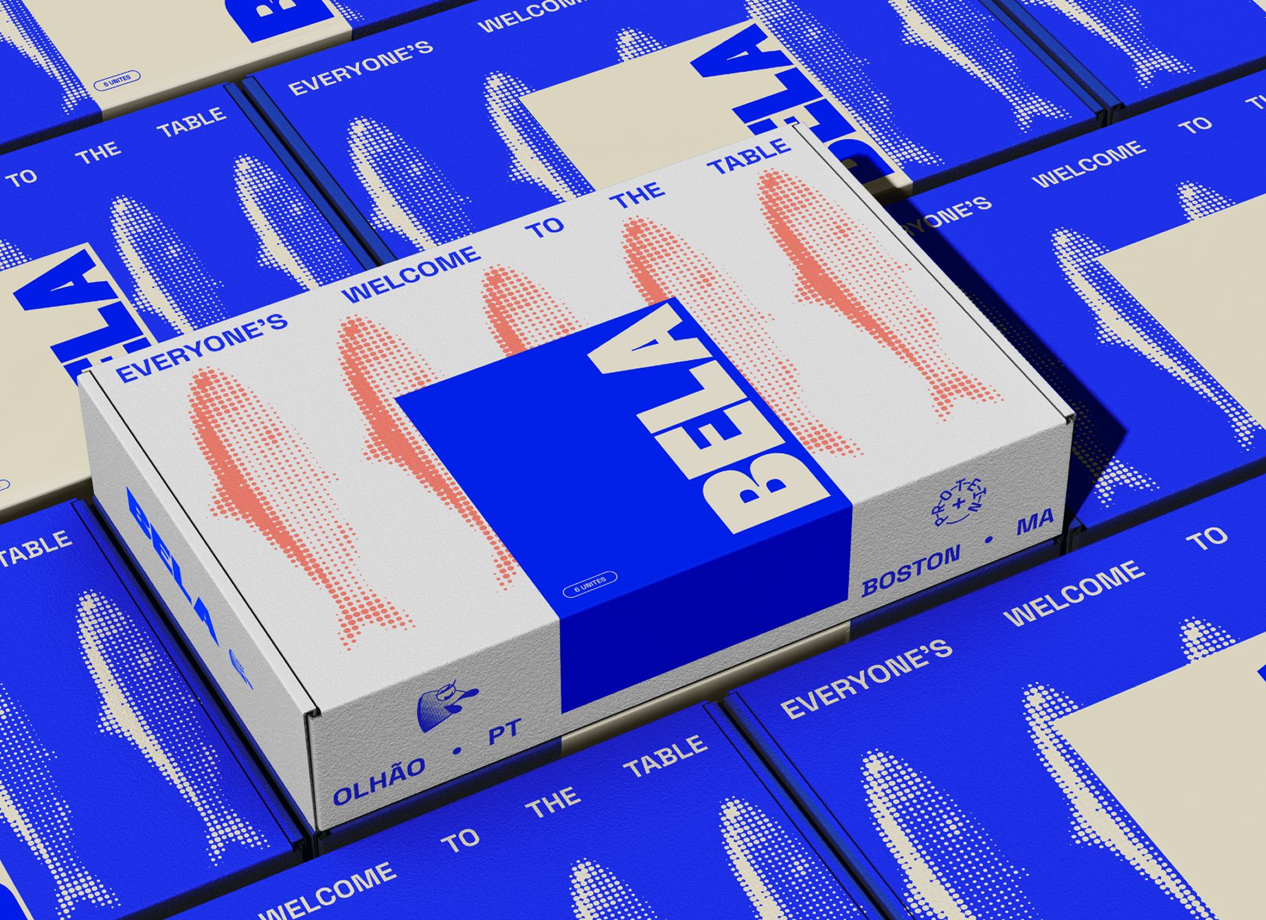 Stacked boxes with blue and white design showing the word BELA and fish-shaped dots.