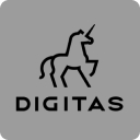 Black logo of a unicorn above the word Digitas on a gray background.
