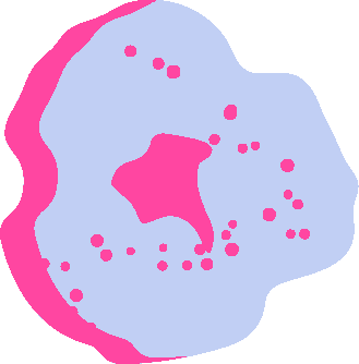 Stylized donut-shaped object in pink and light blue with scattered pink dots on surface.