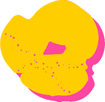 Yellow pastry with pink icing on white background.