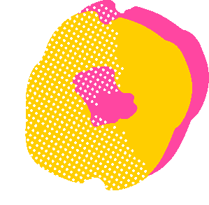 Abstract shape with yellow and pink areas and dotted white pattern on yellow part.