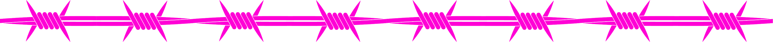 Close-up of bright pink barbed wire with sharp triangular barbs spaced evenly on a black background.