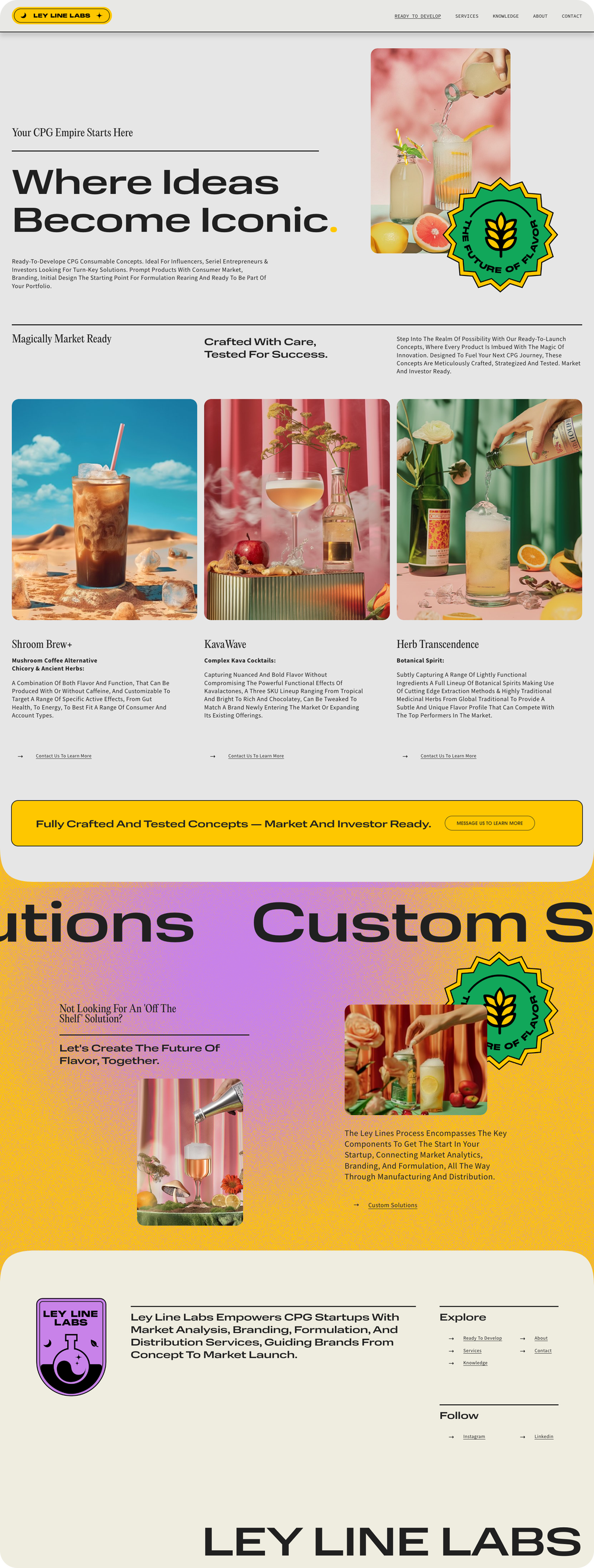 Website homepage showing Ley Line Labs branding, drink concepts, product photos, and market services info.