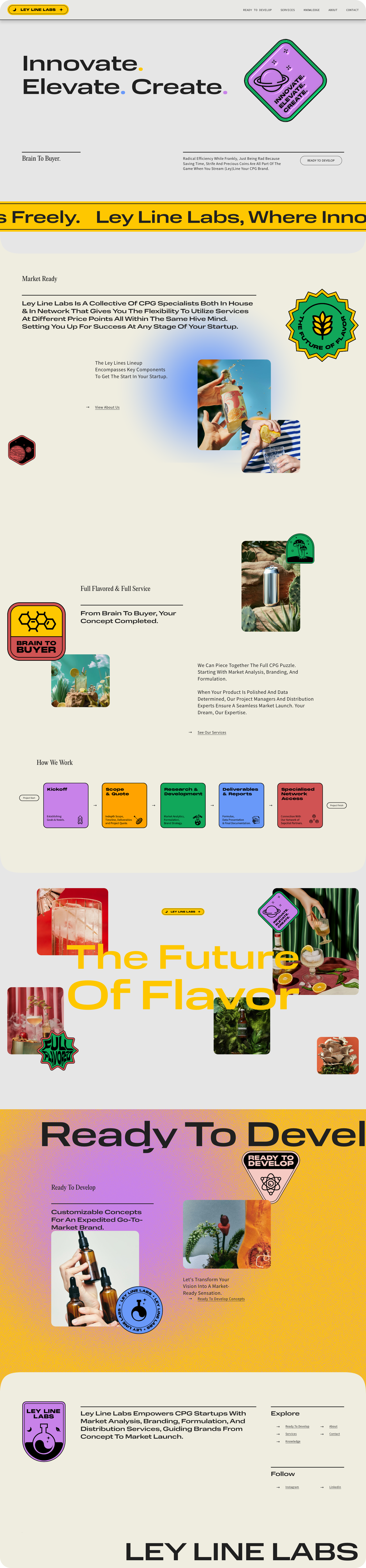 Website homepage with text 'Innovate. Elevate. Create.' and sections about Ley Line Labs services and startup support.