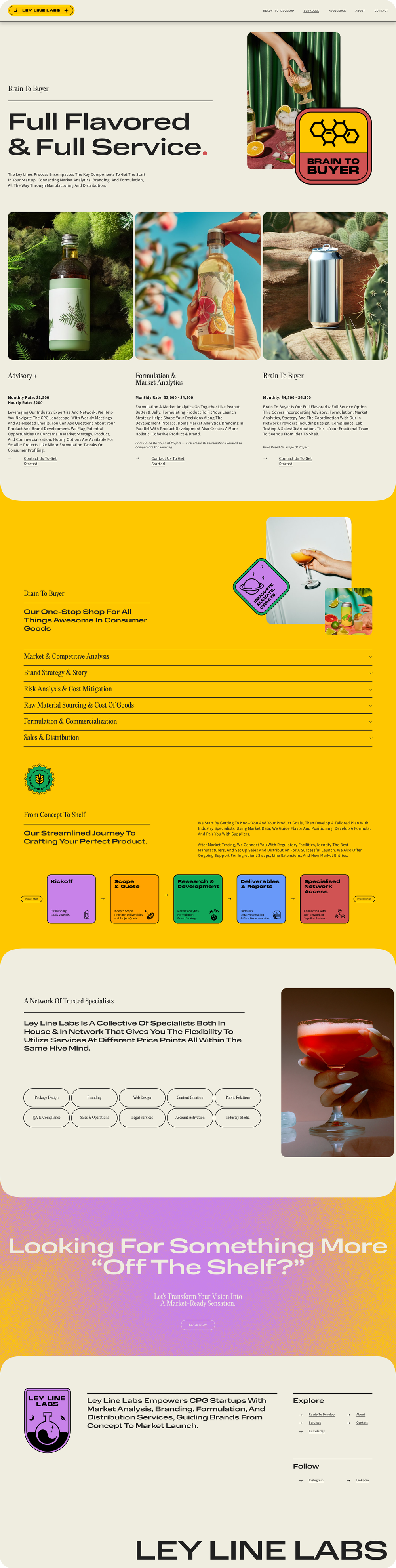 Website homepage showing consumer goods branding and formulation services with product images and service descriptions.