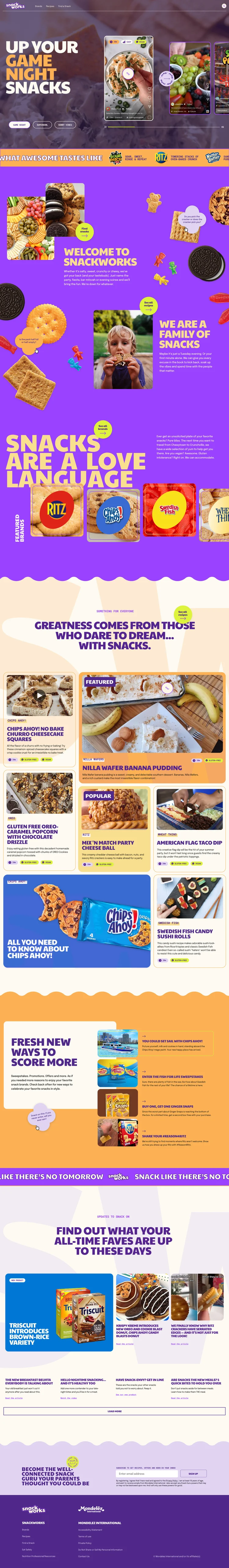 Snackworks website homepage featuring snack promotions, recipes, and brand highlights on a colorful background.