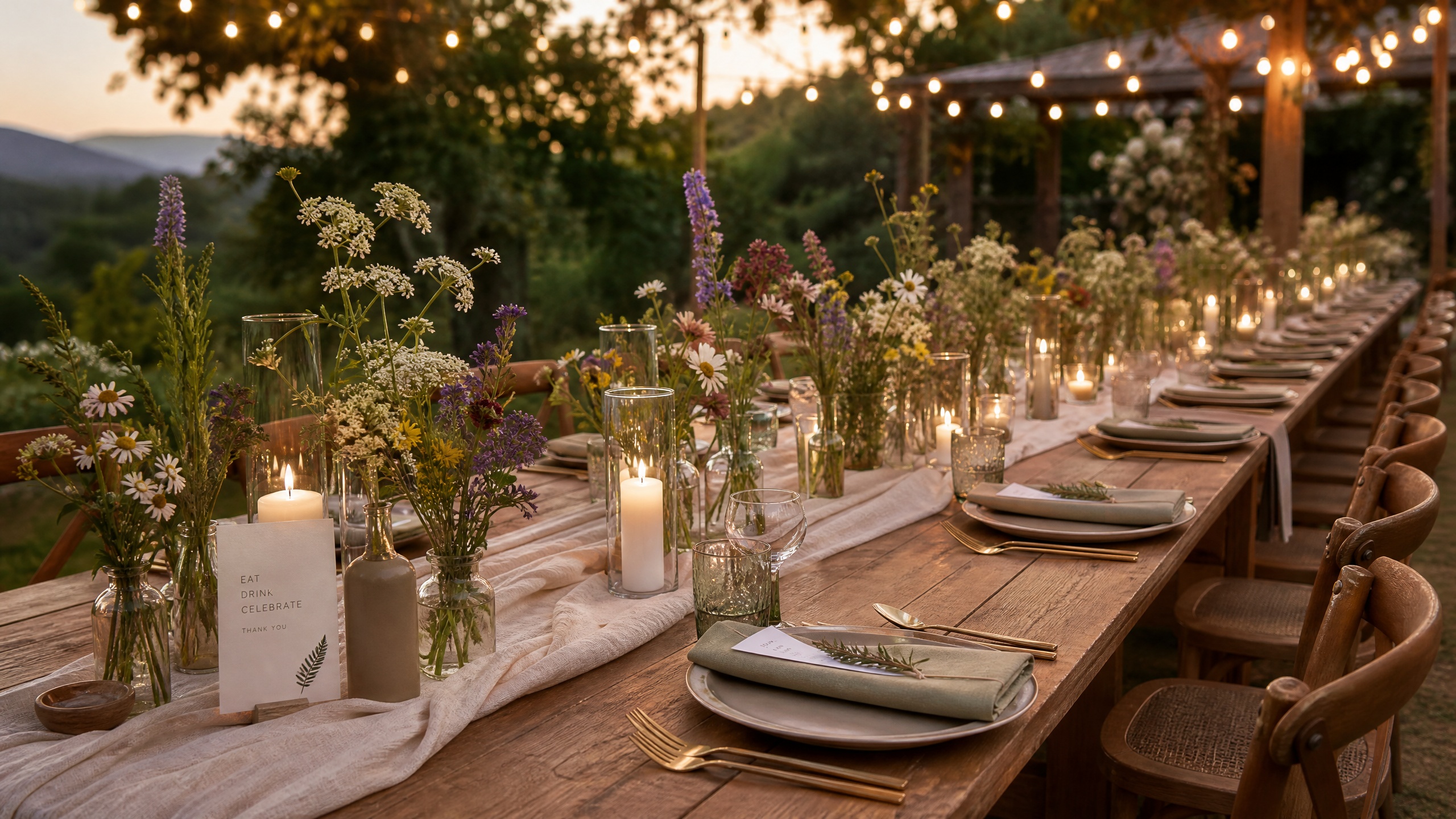 A sustainable and elegantly designed wedding reception table reflecting modern 2026 trends.