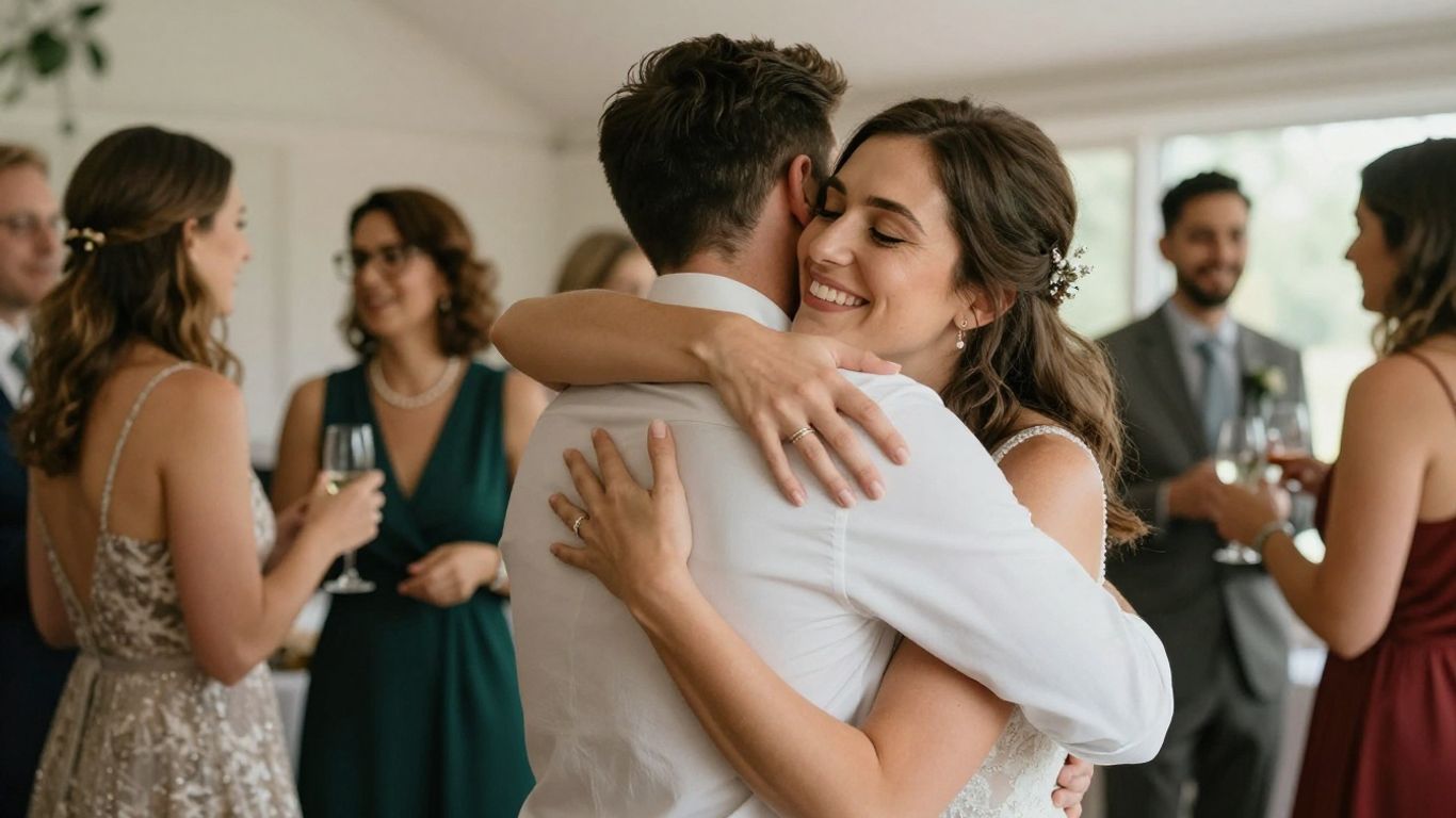 Happy couple embracing at a wedding celebration.
