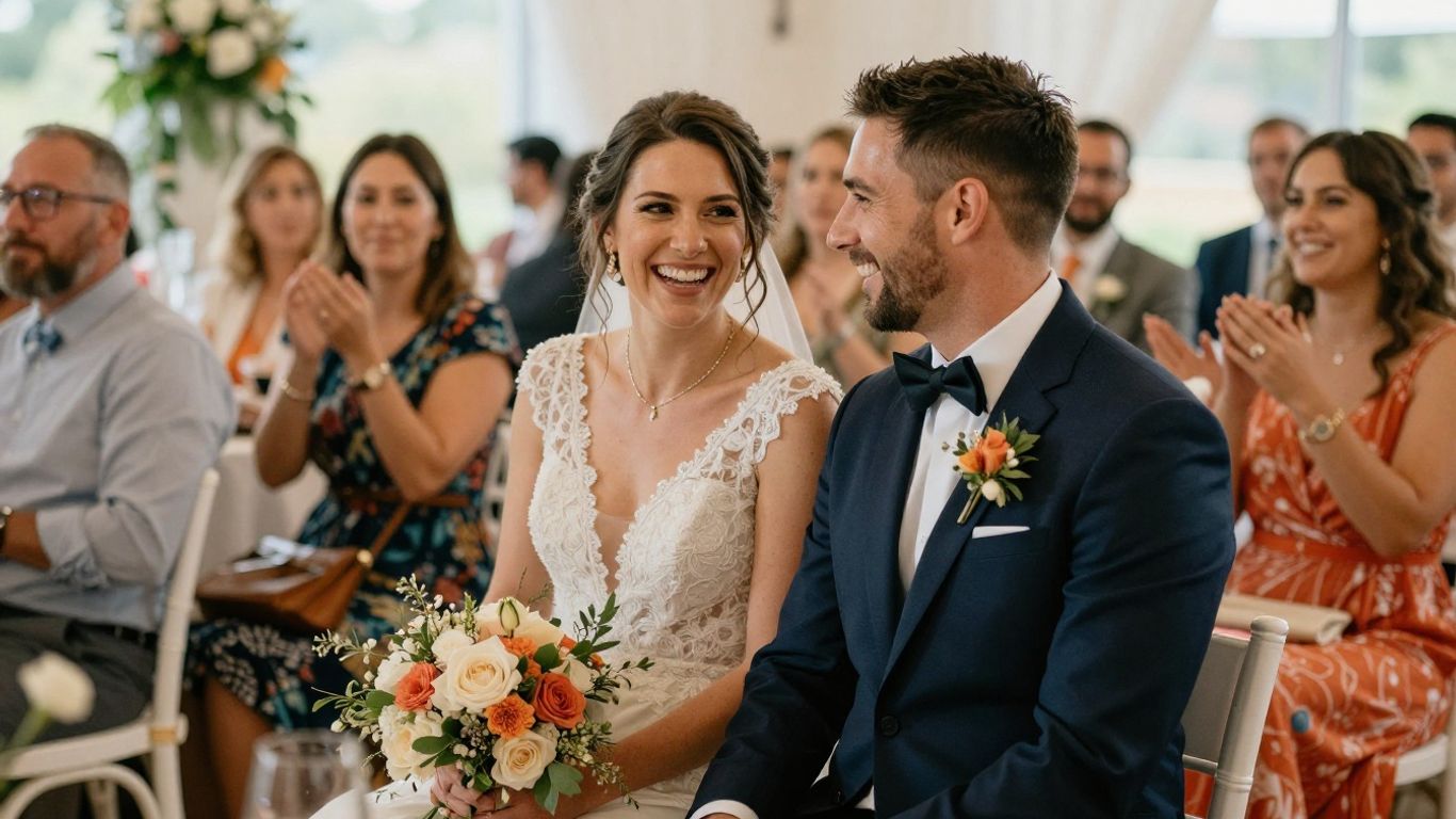 Happy couple celebrating at a wedding reception.