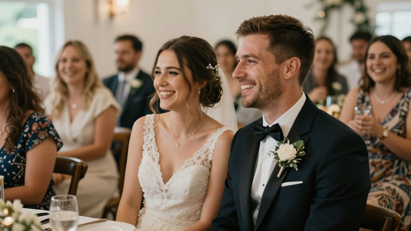 Happy couple celebrating at a wedding reception.