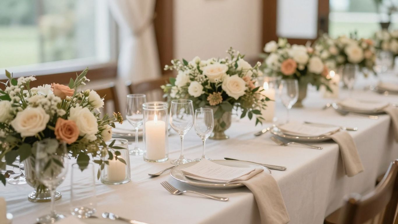 Elegant wedding reception table with floral arrangements.