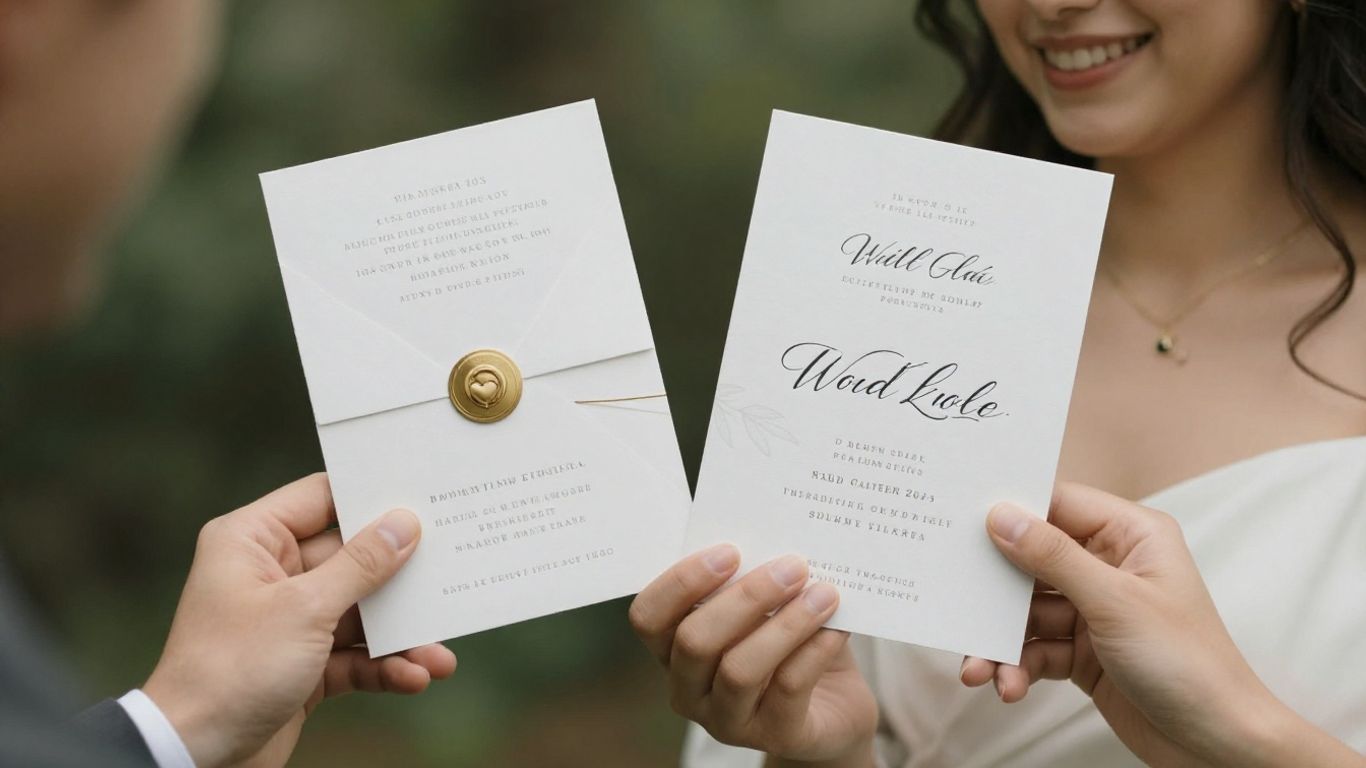 Couple holding beautiful, custom wedding invitation cards.