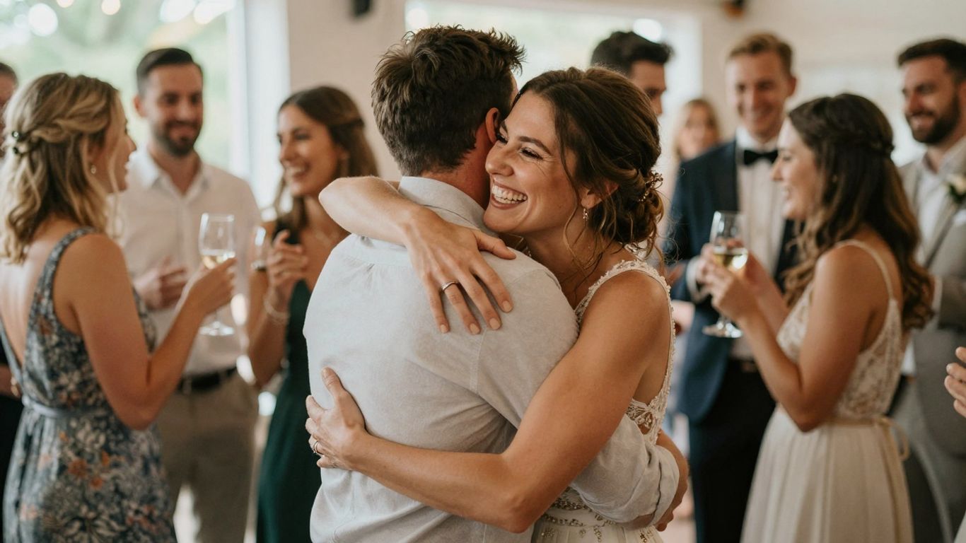 Couple embracing at a wedding reception with guests.