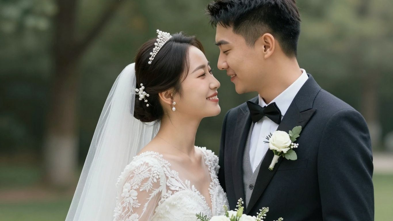 Happy couple celebrating their wedding day outdoors.