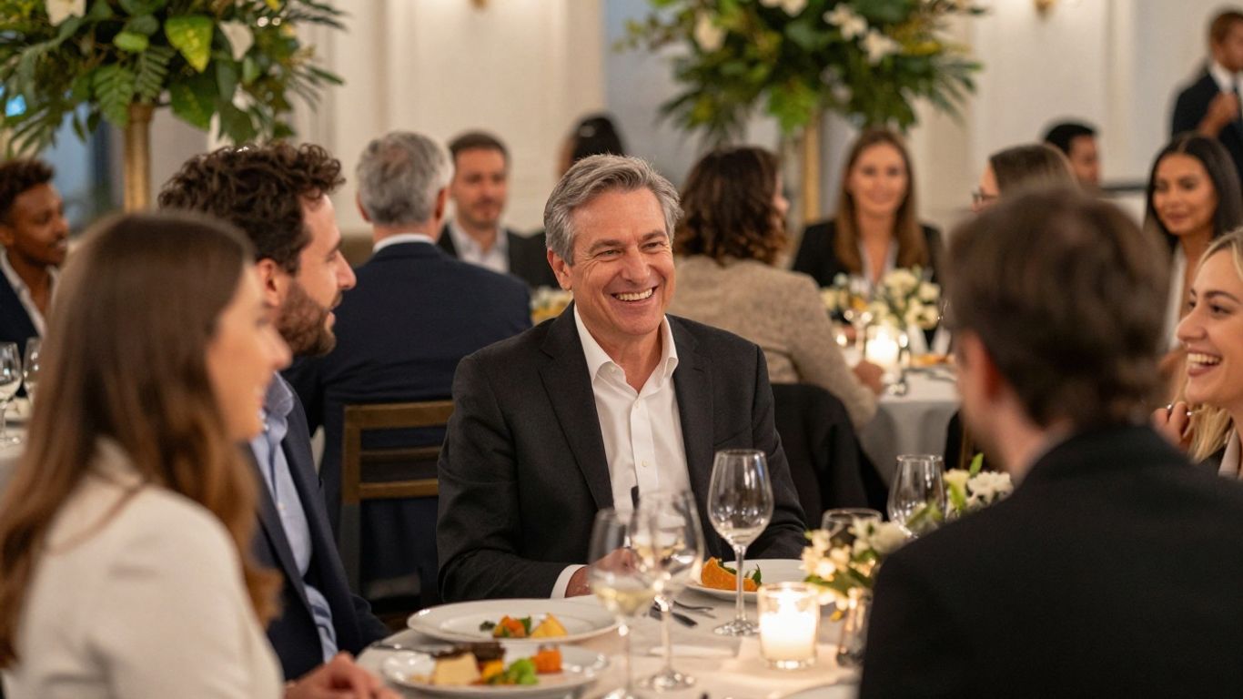People celebrating at a corporate event, candid moments.