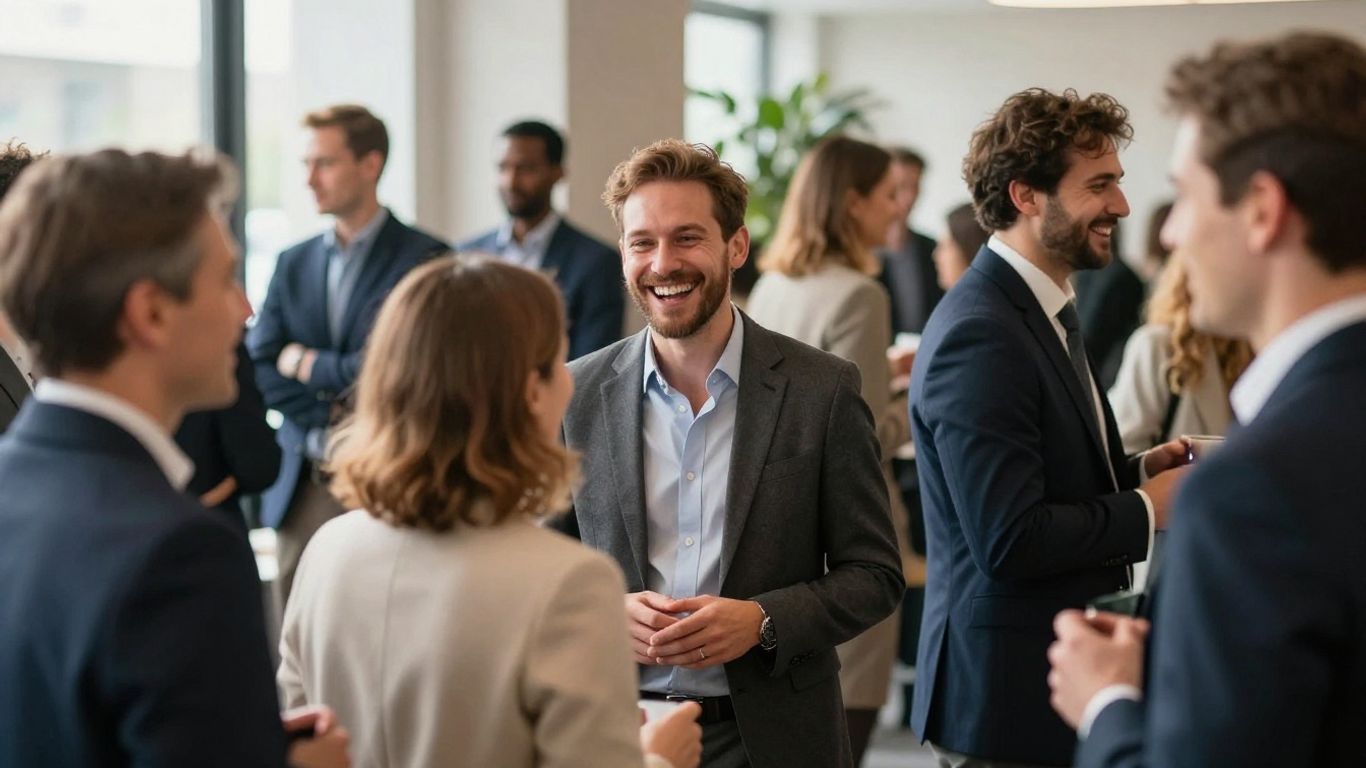 People networking and celebrating at a corporate event.