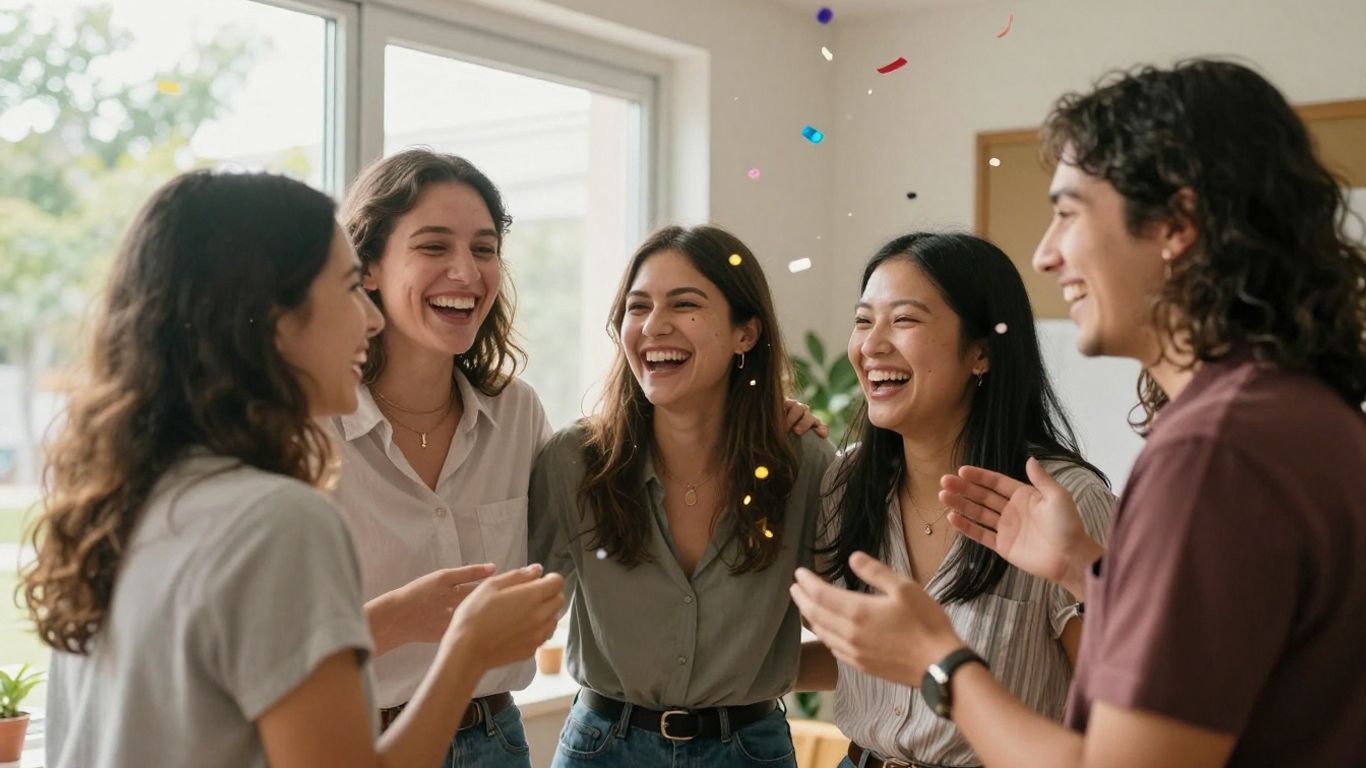 Graduation party with friends celebrating and laughing.