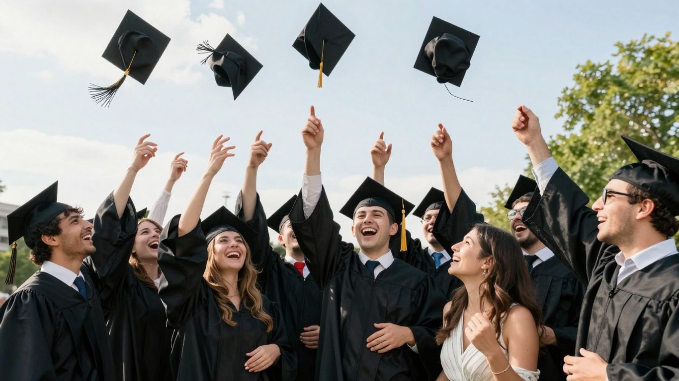 Graduates celebrating with hats in the air.