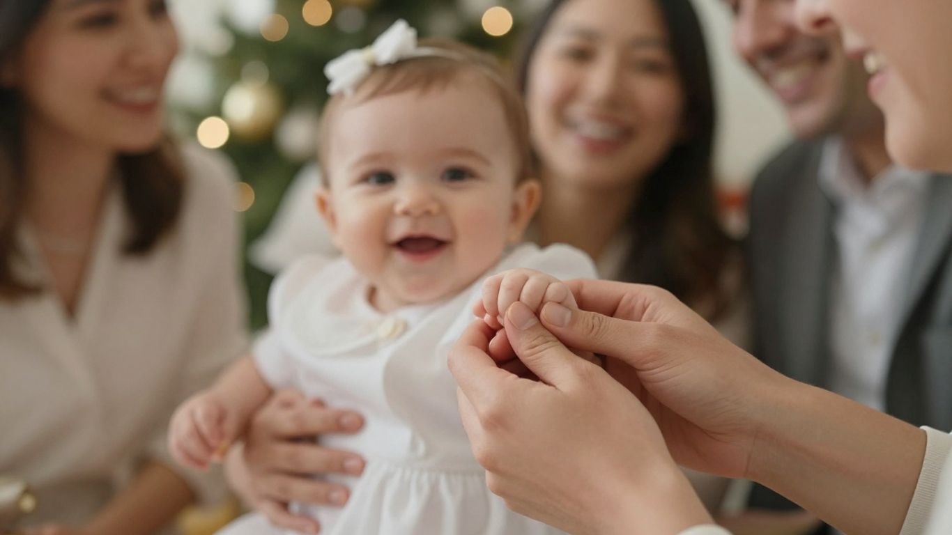 Baby's hand held by parents at christening celebration.