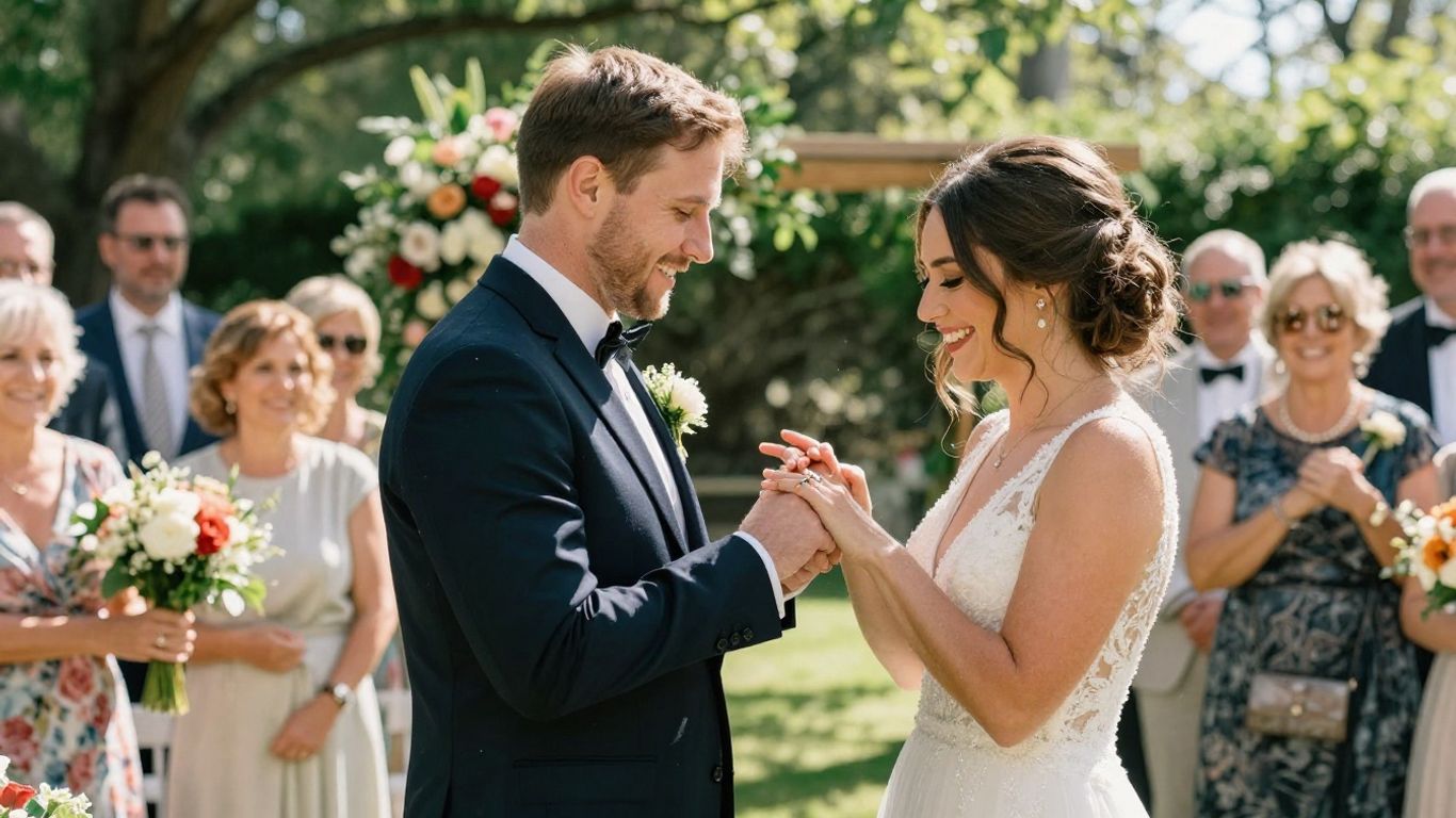 Couple exchanging rings at a wedding ceremony