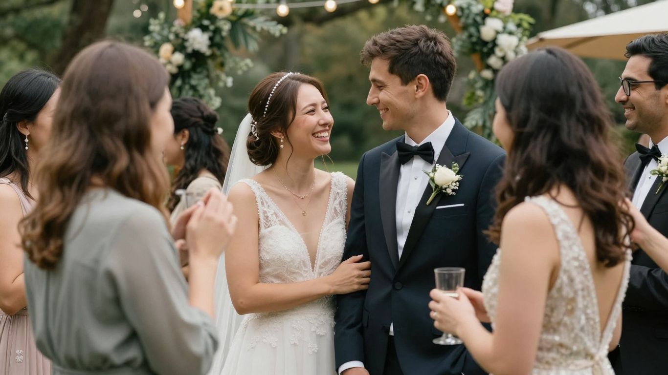 Happy couple at an outdoor wedding celebration.