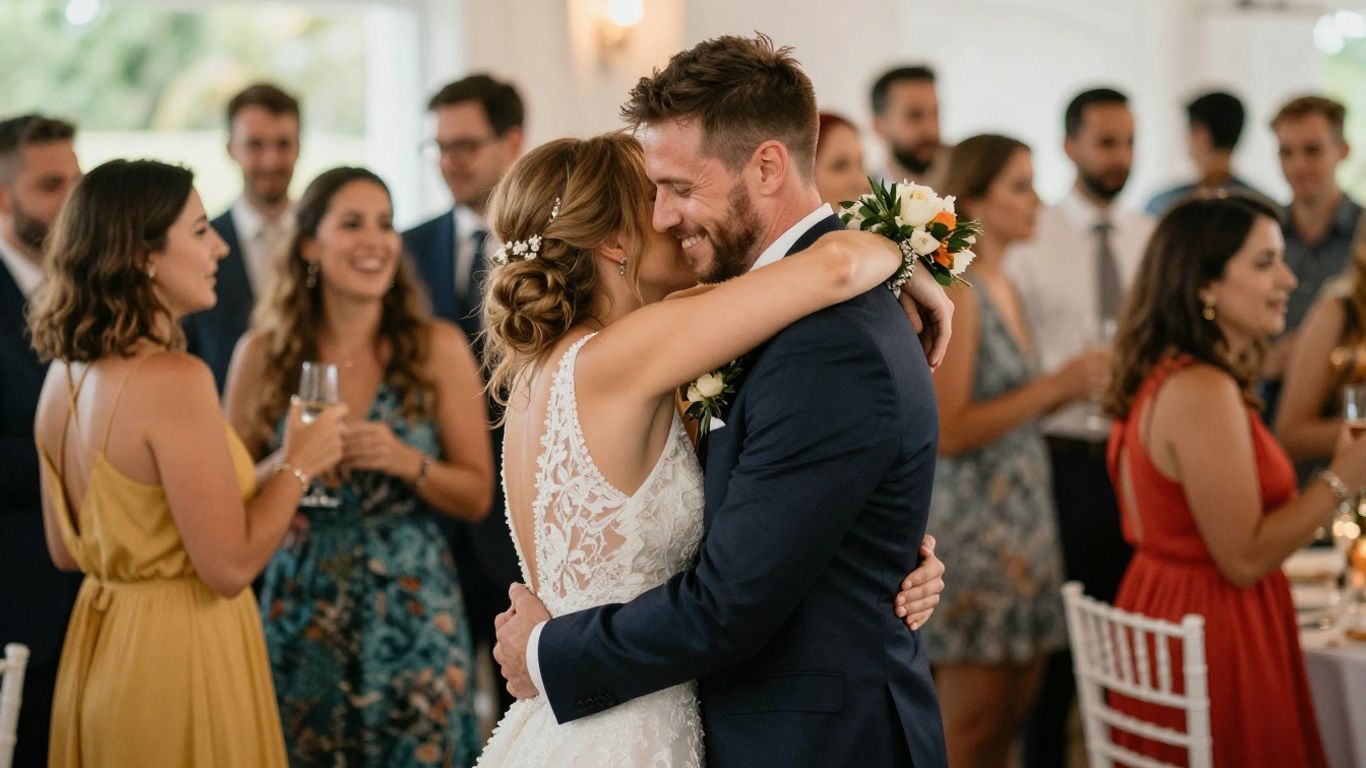 Happy couple at a wedding reception with guests.