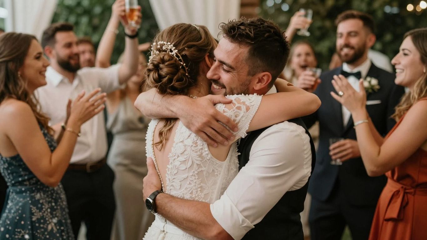 Happy couple celebrating their wedding day with guests.