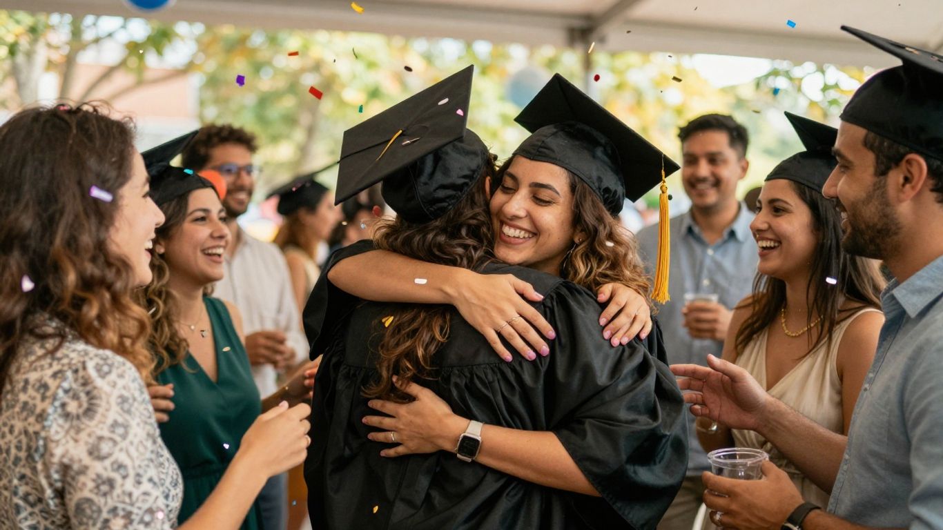 Graduates celebrating with confetti and embraces