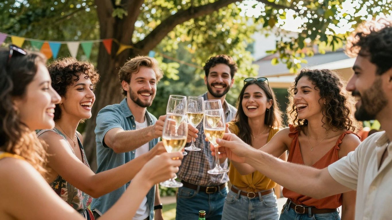 People celebrating at a party with drinks and smiles.