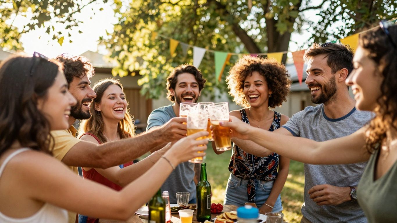 People celebrating at a party with drinks and smiles.