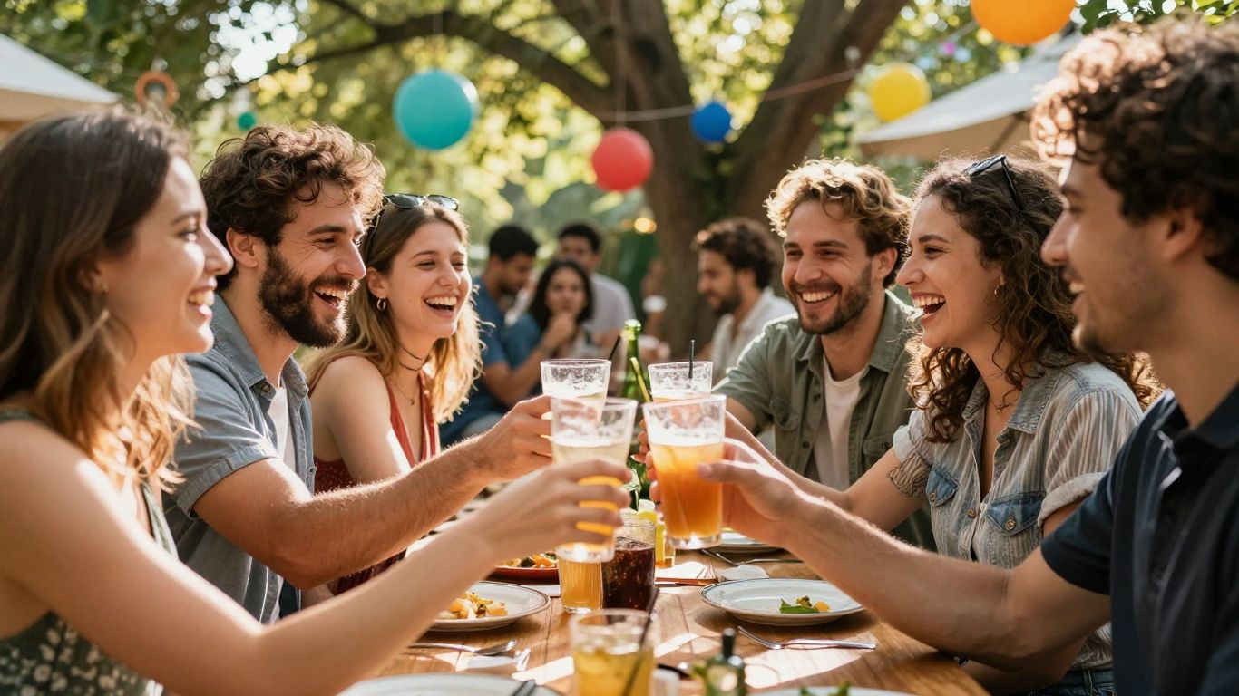 Friends celebrating at a party with drinks and laughter.