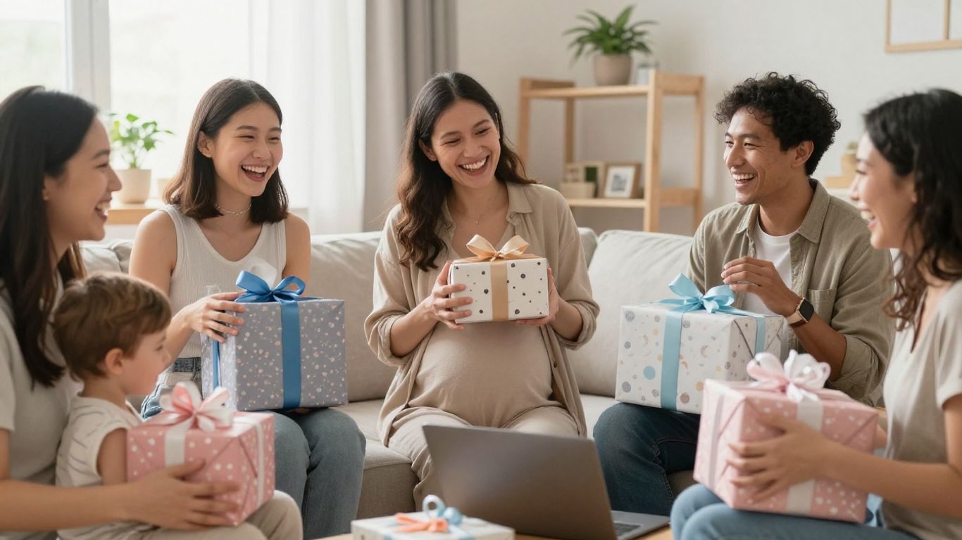 Virtual baby shower invitations with happy guests celebrating.