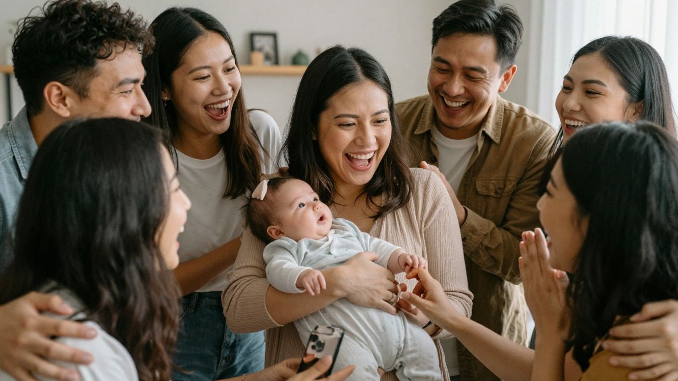 Happy people celebrating a virtual baby shower together.