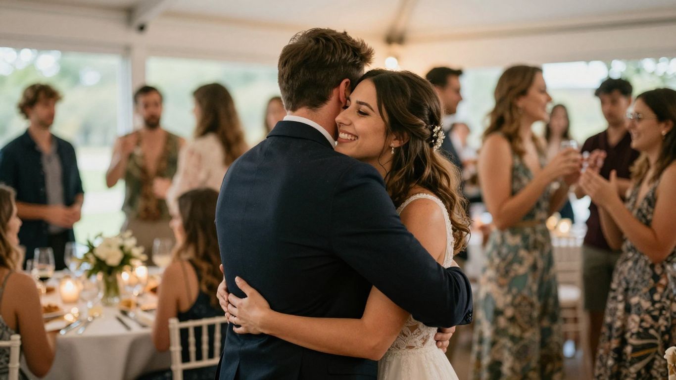 Couple celebrating anniversary at a beautifully decorated event.