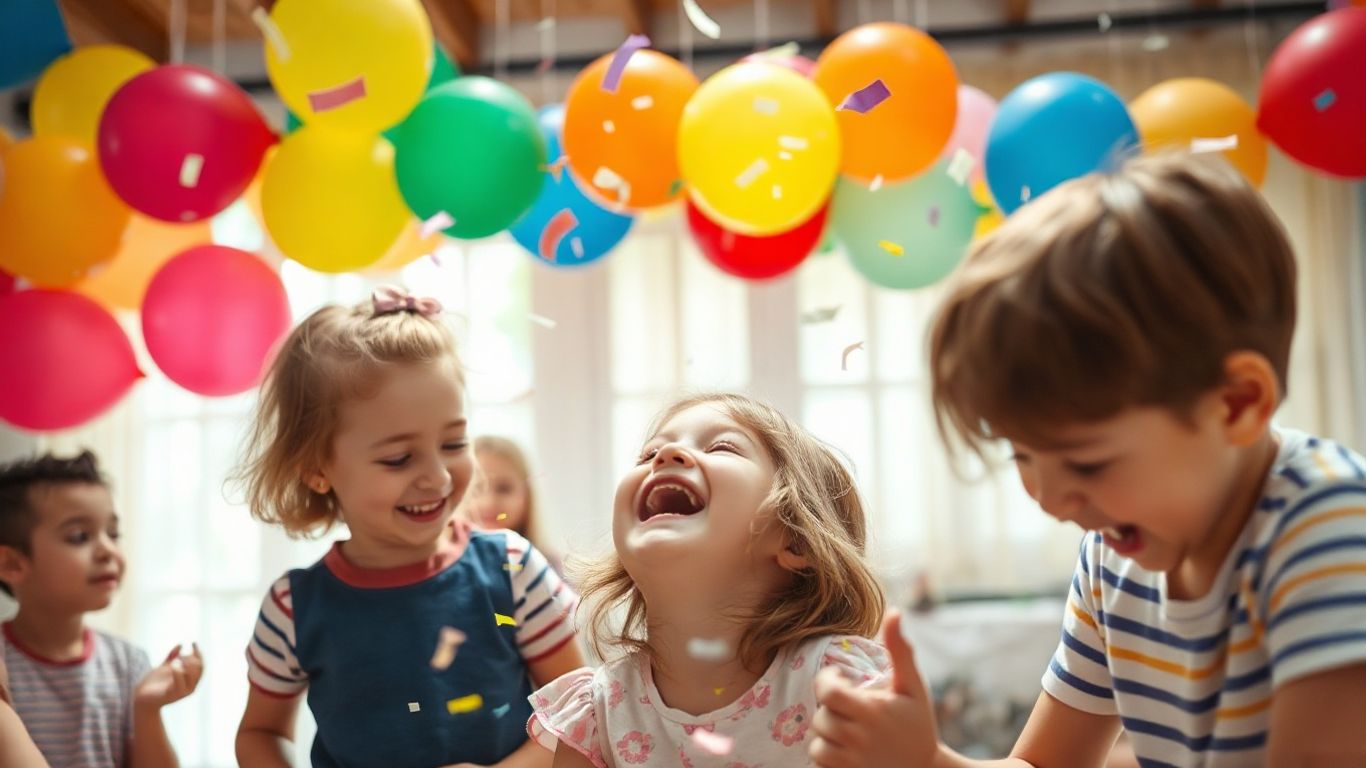 Children celebrating a birthday party with balloons and confetti.